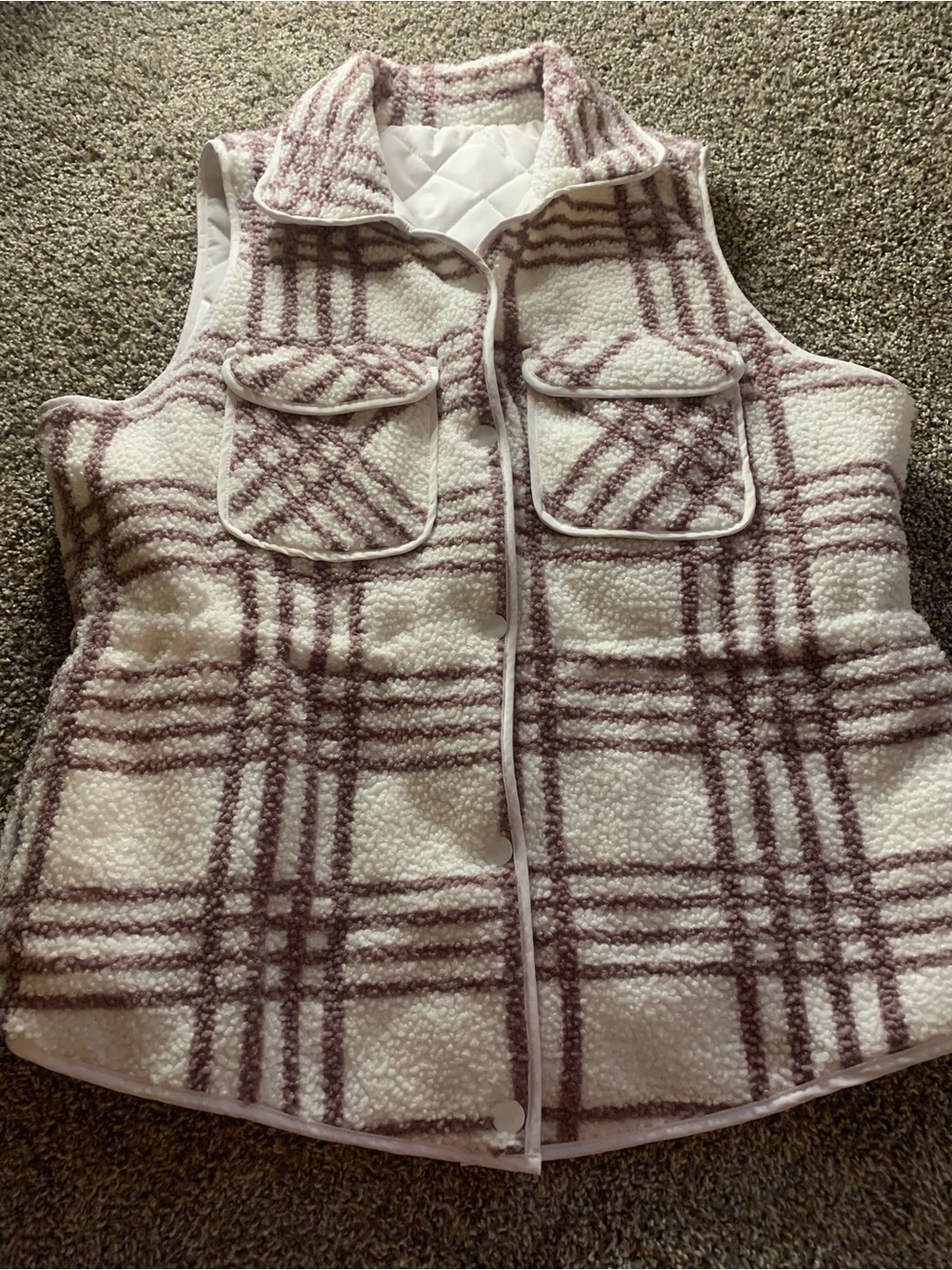Plaid Sherpa Reversible Vest in Cream and Mauve